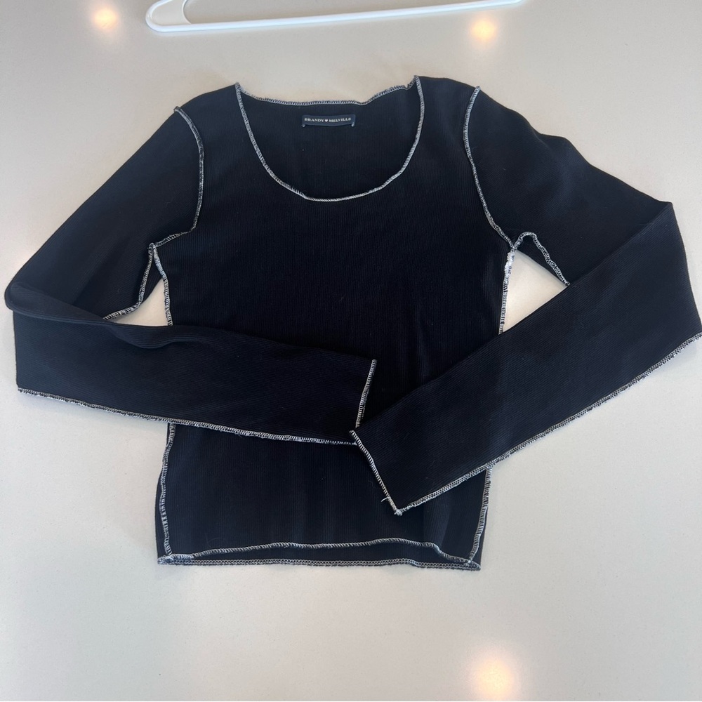 Brandy Melville Black Long Sleeve Top with White Stitching